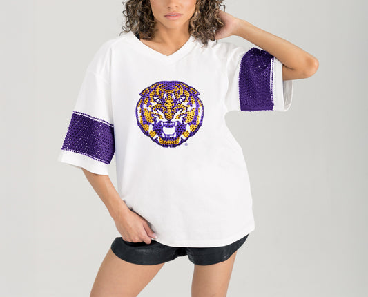 LSU Tigers Women's Gameday Couture Rhinestone Stripe Tee